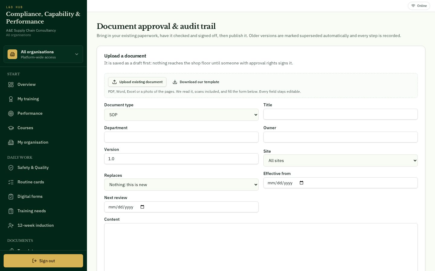 L&D Hub screen: Document approval