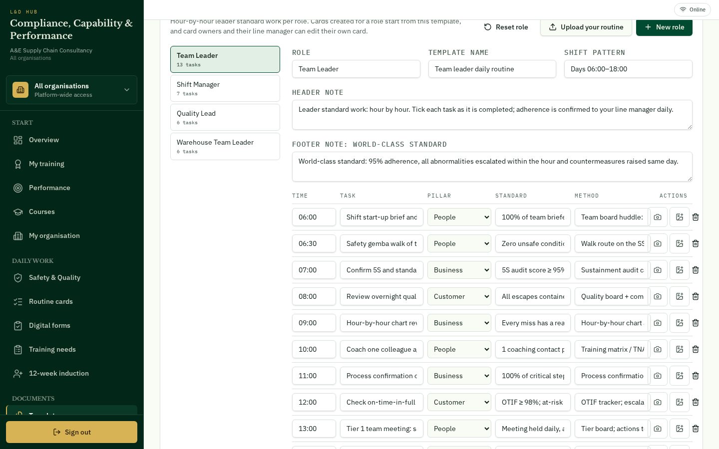 L&D Hub screen: Routine card templates
